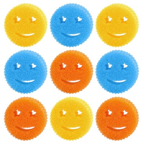 9Pack Smiley Face Sponges Dual-Sided Scrubber for Dishes, Kitchen, Bathroom Car, Non-Scratch Scouring Pads with Multi-Surface Cleaning, Durable Fun Design