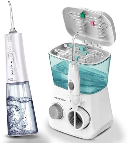 Boston Tech Intelligenter Kauf: Aquapik® 100 Munddusche + Aquapik® Plus in einer Packung, sparen und pflegen Sie Ihre Mundgesundheit zu Hause und auf Reisen, deckt verschiedene Mundbedürfnisse ab