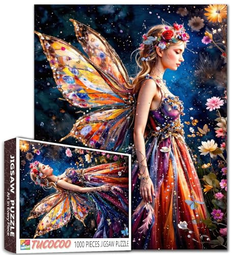Tucocoo Puzzle 1000 Teile für Erwachsene, Regenbogenfee mit Blumen und Schmetterlingen – Fantastisches Nachtpuzzle, farbenfrohes und anregendes Kunsträtsel für Frauen, selbstgemachte Puzzlespiele