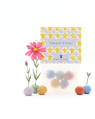 Nachhaltiges Mitbringsel: 5 bunte Blumenmurmeln | Farbenfrohe Seedbombs mit Wildblumensaatgut | Für Yoga-Fans, Aufmunterung & Humorvolle Grüße | 100% ökologisch und mind. 2 Jahre haltbar