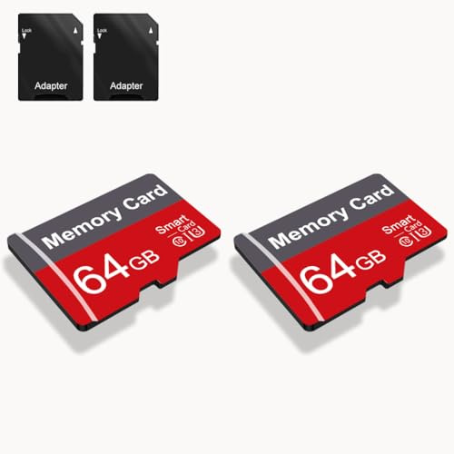 Lot de 2 cartes mémoire 64 Go avec adaptateur, carte TF haute vitesse, carte mémoire UHS-I C10 A1 pour tablette/téléphone portable/appareil photo/voiture audio/console de jeu (64 Go)