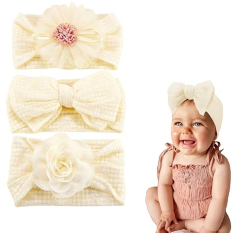 KEMUZ Fascia Capelli Neonata con Fiocco Elegante, Set da 3 Morbida Fascietta per Bambina 0-3 Anni, Copricapo in Nylon Elasticizzato per Feste Battesimo, Passeggiate e Foto Ricordo