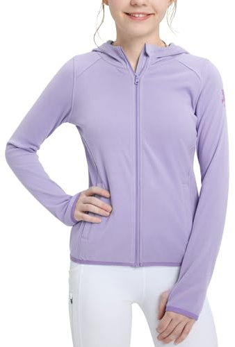 FitsT4 Sports Girls Fleece Horse Riding Jackets Hoodie Kids Equestrian Shirts Full Zip Up Long Sleeve Thumbholes for Winter,Light Purple,L