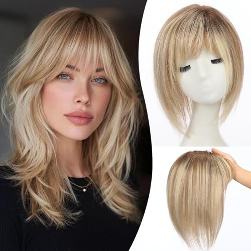 EMMOR 12 Zoll Echthaar-Topper für Damen - Echthaar-Topper mit Pony und 6,5 × 6,5 größerer Basis, natürliche Lösung für dünnes Haar bei Frauen (Ombre Blond & Braun Highlights)