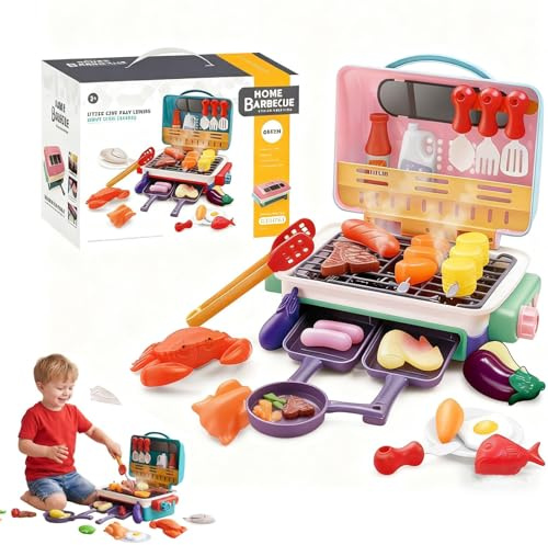Magic Meals Sensory Kitchen, Kids BBQ Grill Toy, Kitchen Toy Set with Smoke Sound Light, Color-Changing Food, Indoor/Outdoor Play Food Cooking Set, Real BBQ Feels, Gift for Boys Girls (02#)