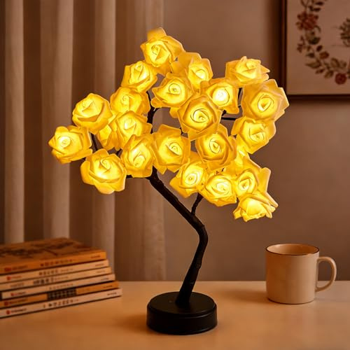 Richaa Lampada a 24 LED a forma di albero di rosa, lampada da tavolo a LED con albero di rosa, graziosa fatina luminosa per camera da letto, soggiorno, feste, matrimoni, compleanni, Natale