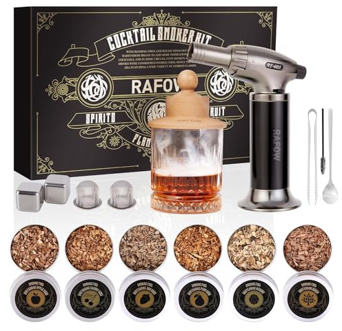 Kit fumoir à whisky avec torche – Kit fumoir à cocktail avec 6 saveurs de copeaux de bois fumé – Kit fumoir à l'ancienne pour bourbon, coffret cadeau de fumage à whisky pour homme (sans butane)