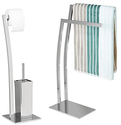 2 Elementi, Set da Bagno, Portasciugamani a 2 Braccia, Portarotolo, Portascopini, in Acciaio Inox, Look Moderno, Argento