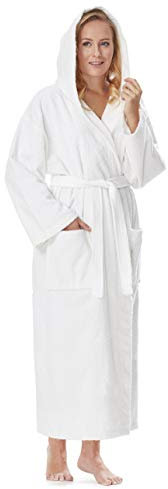Peignoir de bain pour femmes avec capuchon, longueur mollet, Blanc pur, S-M
