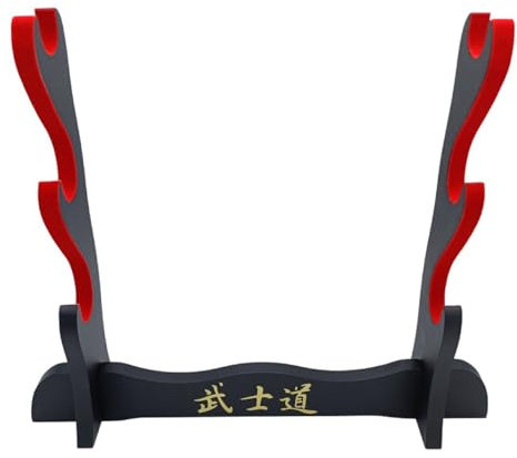 Glac Store® Supporto Espositore Piedistallo Stand da Tavolo per Katana Samurai in Legno Con Scritte Giapponesi 3 Posti Impreziosita da Velluto Rosso nella parte di Appoggio