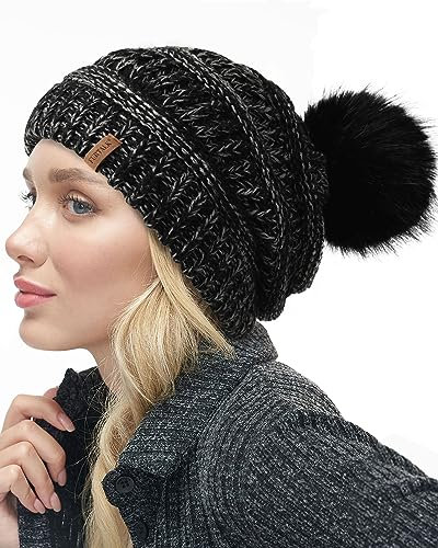 FURTALK Beaniemütze für Frauen Slouch Style Warme Wintermütze mit Kunstpelz Bommel