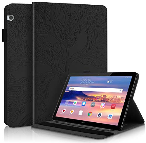 Succtop Hülle Huawei Mediapad T5-10 10,1 Zoll Schutzhülle PU-Leder Weiche TPU Case Flip Stand Stifthalter Kartenschlitz Brieftasche Tablet Hülle für Huawei Mediapad T5 10.1 Schwarz