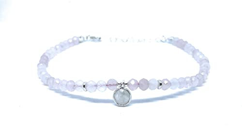 Bracelet de cheville pierre naturelle quartz rose pierre de lune breloque argent 925 réglable de 23mm à 26mm