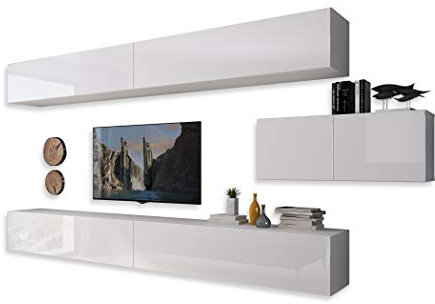 lukmebel COLGANTE III Wohnwand Lowboard Wohnwand Set TV-Schrank Hängeschrank Weiß Hochglanz HG Fernsehschrank mit LED Beleuchtung und Push to Open System Sideboard Wohnzimmer