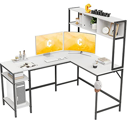 Cubiker Escritorio en forma de L con estantes de almacenamiento, escritorio de esquina de 152,5 cm para ordenador, mesa de juegos u oficina en casa, ahorra espacio, blanco