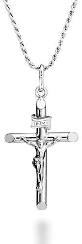 Miabella Rhodium Plated 925 Sterling Silver Small or Large Crucifix Necklace for Men Women, Cross Pendant with Rope Chain, Made in Italy, Sterling Silver, No Gemstone