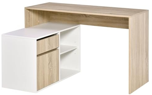 HOMCOM L-Shaped Desk, Corner Computer Desk with Storage Drawer, Adjustable Shelf, Cabinet for Home Office and Study, 120 x 92 x 75cm, Oak and White