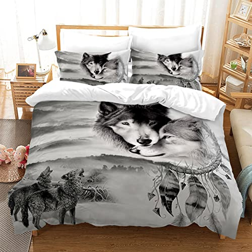 Hoimlm Kinder Bettwäsche 200x200 Wolf Print Mikrofaser Bettbezug Jungen Teens bettwäsche Set Kinder Erwachsene, Weich Haltbar Atmungsaktive,3 Teilig