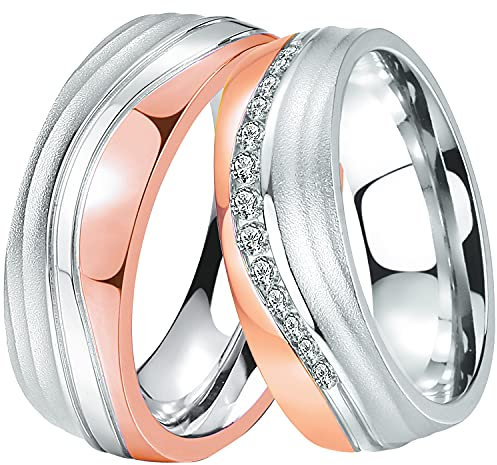 DOOSTI Paar Ringe Set für Damen Herren Partnerring Edelstahl Bicolor Silber Rosegold Ehering Trauring Freundschaftsring Hochzeit Ringe Frau Mann inkl. Gravur mit Namen (Ring mit Zirkonia, 56)