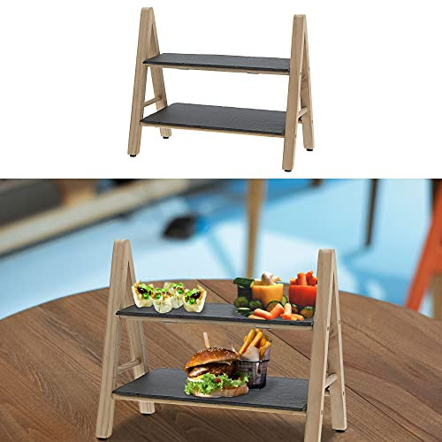 Cepewa Etagere 2 Etagen | 32x18x28cm Schiefer Holz Gestell | Servierplatte Servierständer Tischdekoration