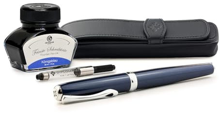 Diplomat Excellence A2 Midnight Blue Chrome Fountain Pen Set with Leather Pen Case, Writing Ink and Converter, Fountain Pen Set with Stainless Steel Nib Thickness M