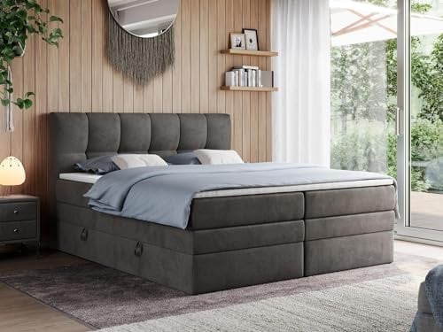 MKS MEBLE King Boxspringbett 160x200 Mit Bettkasten, Polsterbett Mit Multipocket-Matratze H4, Kopfteil und Topper - Dunkelgrau Velvet - Alvin
