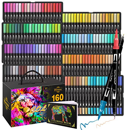 Efimeso 160 Farbe Filzstifte set Erwachsene Brush Pen, Fineliner Schwarz mit zwei Spitzen, Pinselstifte Künstlerbedarf zum Zeichnen, Skizzieren, Malbuch
