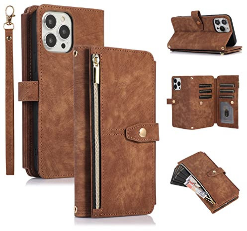 UEEBAI Hülle für iPhone 12 Pro Max 6.7 inch, 9 Kartenfäche Retro Leder Klapphüllen Stoßfest Flip Case mit Handschlaufe Standfunktion Reißverschluss Handyhülle Magnetverschluss – Retro Braun