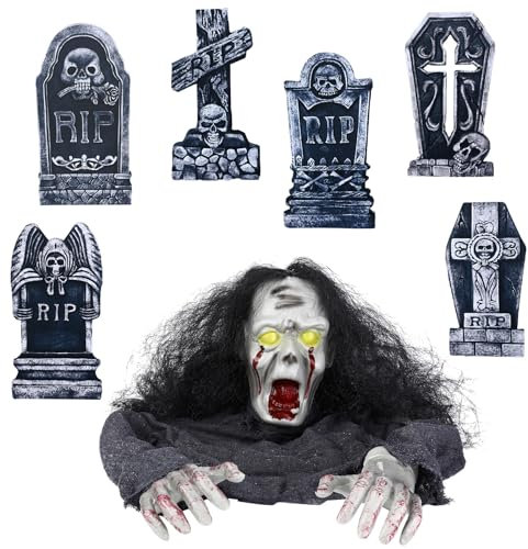 Halloween Zombie Groundbreaker Dekoration Outdoor Friedhof Dekoration mit 6 Halloween Grabsteinen für Gräber Gruselige Grabstein Hofschild Pfähle Wasserdicht Grabstein Halloween Hofschild für Outdoor