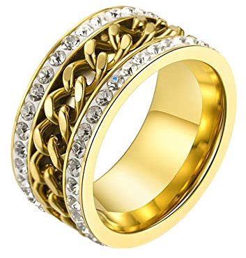 KnBoB 11MM Ringe Fidget, Gold Ketten Spinner Angst Ring mit Weiß Zirkonia Edelstahl Anxiety Ring für Herren Größe 67 (21.3)