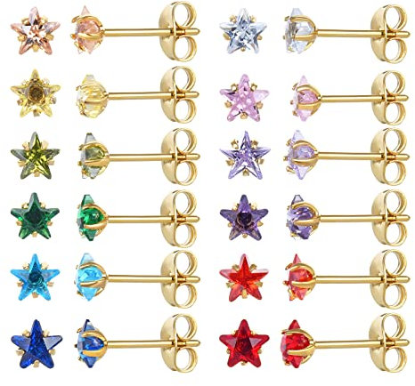 12 Paar chirurgische Edelstahl-Ohrstecker, 18K vergoldet Silber Stern Herz Teardrop Quadrat Cubic Zirkonia Birthstone Ohrstecker Set (Gold star 4mm)