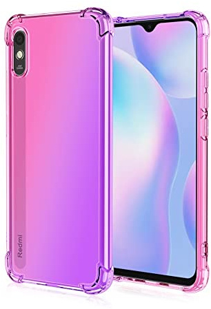 HONLEN Hülle für Redmi 9A / Redmi 9AT Case, (6.53 Inches) Transparent Farbverlauf Design TPU Silicone Handyhülle, Verstärkung mit Vier Ecken Cover Pink Lila