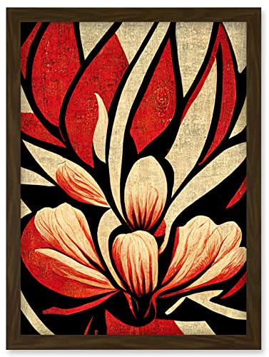 Doppelganger33 LTD Abstract Flowers Design Cream Red Black Vivid Bold Artwork Framed Wall Art Print A4