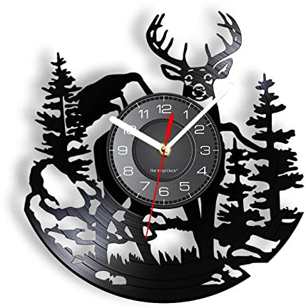 Guang trading Reloj Disco Vinilo 30 Cm Abedul árbol Ciervo Pared Arte Woodlands Buck Pared decoración Vinilo Registro Reloj Caza Club Animales Vintage Pared Reloj