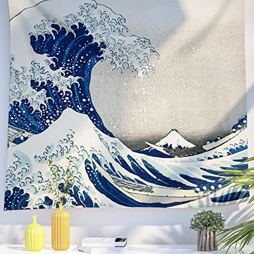 Berkin Arts Decor Wandteppich zum Aufhängen, Hintergrund aus hochwertigem Polyesterstoff Ukiyo-e Japanische Meereslandschaft 130 x 150 CM (Katsushika Hokusai-Die große Welle)