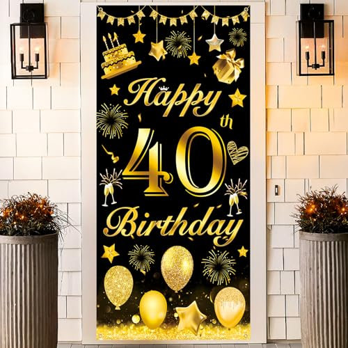 40 Geburtstag Banner, Schwarz Gold 40. Geburtstag Deko für Mann, 40 Jahr Geburtstags Dekoration Banner, Große 40. Geburtstag Tür Banner Hintergrund Poster Schild für 40. Geburtstagsdeko, 185 × 90cm