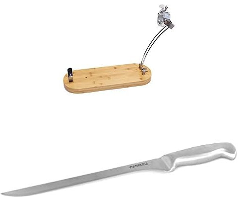 Fackelmann Set Jamonero, Incluye Soporte Jamonero Giratorio y Plegable de Madera de Bambú y Cuchillo Jamonero Nirosta Saphir 35 cm de Acero Inoxidable, Hoja de 23 cm