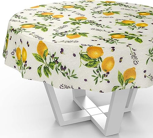 Tischdecke aus Stoff Textil abwaschbar Tischwäsche Tischtuch Baumwolle Polyester Lemon Rund 140cm In-/Outdoor Tischdecke