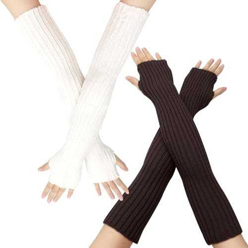 VEGCOO 2 Paar Damen Mädchen Fingerlose Handschuhe Gestrickte Armstulpen Winter Warme Handschuhe Weiche Lange Stretch Handschuhe Geeignet für Büro, Tägliche Aktivitäten (Weiß & Dunkelgrau)