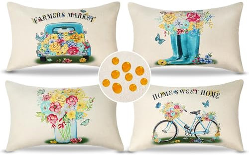 Serento Dekorative Kissenbezug Outdoor Wasserdicht Sofakissen Frühlings Sommer Blumen Dekokissen Leinen Kissenhülle 30x50 cm für Outdoor Balkon Terrasse Patio Garten Bauernhaus 4er Set