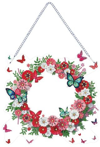 CXINLky DIY Diamond Painting Türkranz Anhänger mit Kette, Diamant Painting Fensterbilder, Schmetterling 5D Diamond Malerei Wandbehang Kits für Fenster Wand Eingang Garten Decor-05-Blume