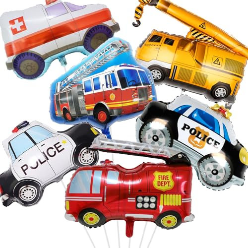 Waziwe Feuerwehr Deko Kindergeburtstag,feuerwehrauto Deko enthält Krankenwagen、Polizeiauto、Kran、Feuerwehrauto Folienballon, Feuerwehr Luftballon Können für Feuerwehr Geburtstag Deko