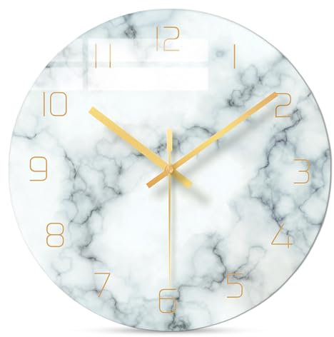 WIYETY 30cm Wanduhr aus Glas: Runde Marmor Wanduhren, ohne Tickgeräusche, Batteriebetriebene Modern Wanduhr, für Küche, Schlafzimmer, Wohnzimmer(ohne Akku)