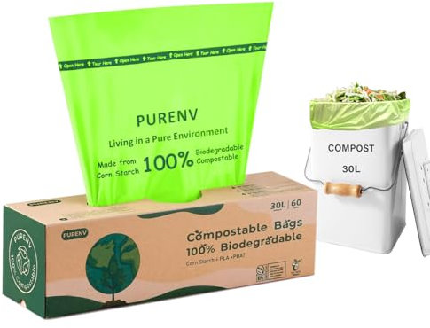 PURENV 30L Compostable Sac Poubelle, 60 Sachets Biodégradables à Déchets, 100% compostable et biodégradable, acec Certifié EN13432