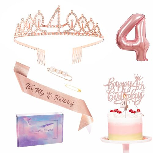 Rose Gold 4th Birthday Decorations for Girl - Sash Tiara Set, Party Pack Sash Crown, Number 4 Foil Balloon, Cake Topper Candle, Gifts for Girl