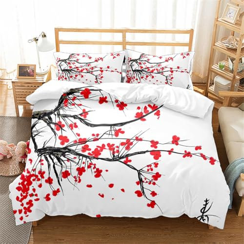 Tomifine Duvet Cover Set Rose Flower Printing Romantic Floral Bedding Set Flowers Pattern Duver Cover With Pillowcases Microfiber (King 230x220 cm,White Red)
