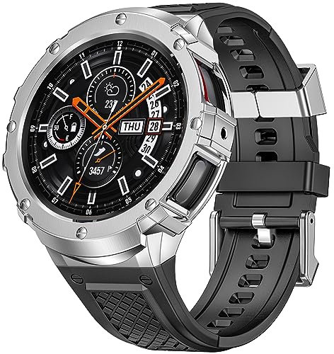 MioHHR Silicone Strap with Stainless Steel Case Cover Compatible with Samsung Galaxy Watch 5 Pro 45mm bands Protective Case cover for Men (Silver)