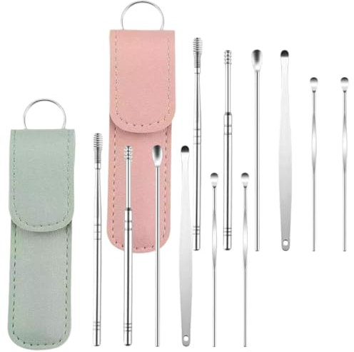 KOLZEMV Limpiador de Oídos, 12 peças Kit de limpieza para Oídos, limpiador oidos adultos, Acero Inoxidable ear Cleaner Cuchara, Herramientas de limpieza de Oídos, para Adolescentes y Adultos
