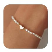 BelleVive 14K vergoldetes Perlenarmband, zierliches Herzarmband, Herzperlenarmbänder, Perlenperlen-Kristallperlenarmband, Perlenarmbänder für Frauen, trendiges Schmuckgeschenk