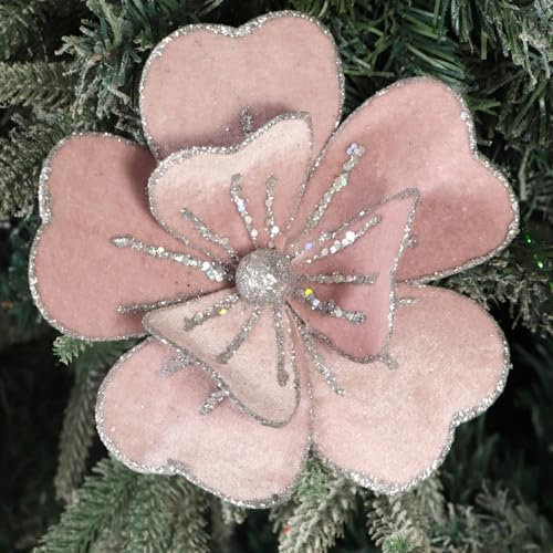 KKSTY 4Pcs Pink Velvet Poinsettia Flower with Glitter Edge, Artificial Christmas Flower Picks for Christmas Tree Decoration Vase Filler Wreath Garland Crafts Holiday Wedding Home Décor (Pink)